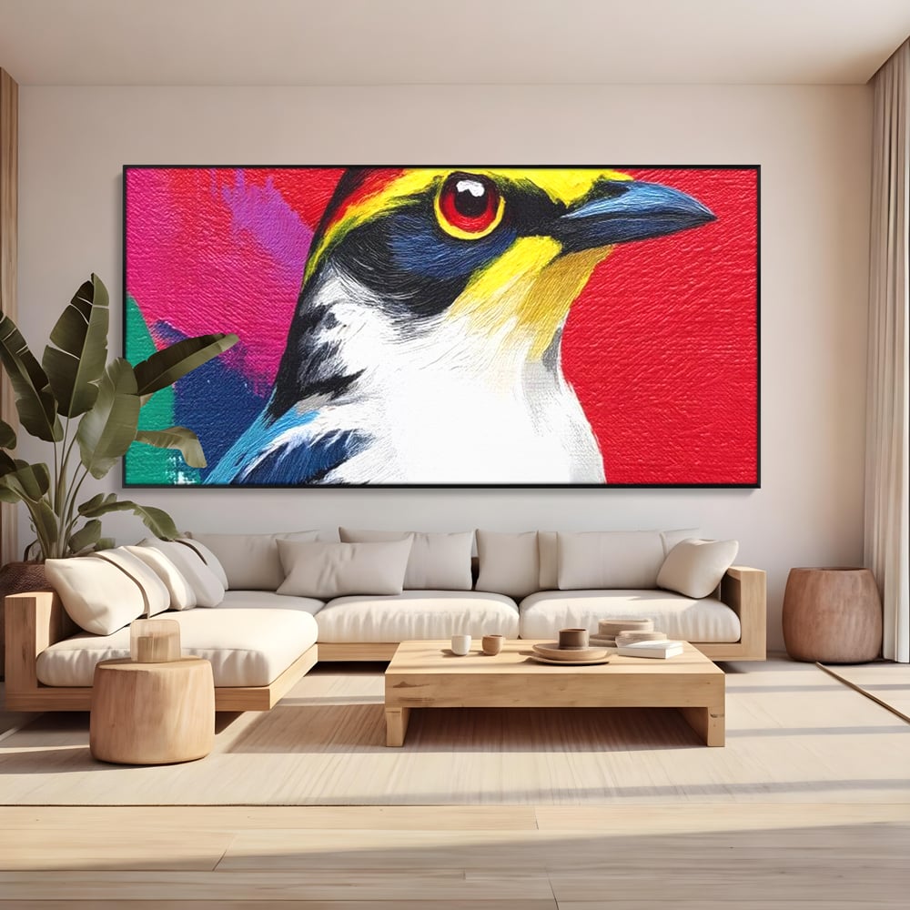 Tablou canvas cu tablou canvas cu pasare colorata in profil, in rama de aluminiu negru, pe perete intr-un living